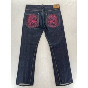Cstar by Ciano Farmer Jeans Mens 38 Relaxed Straight Dark Blue Denim Embroidered